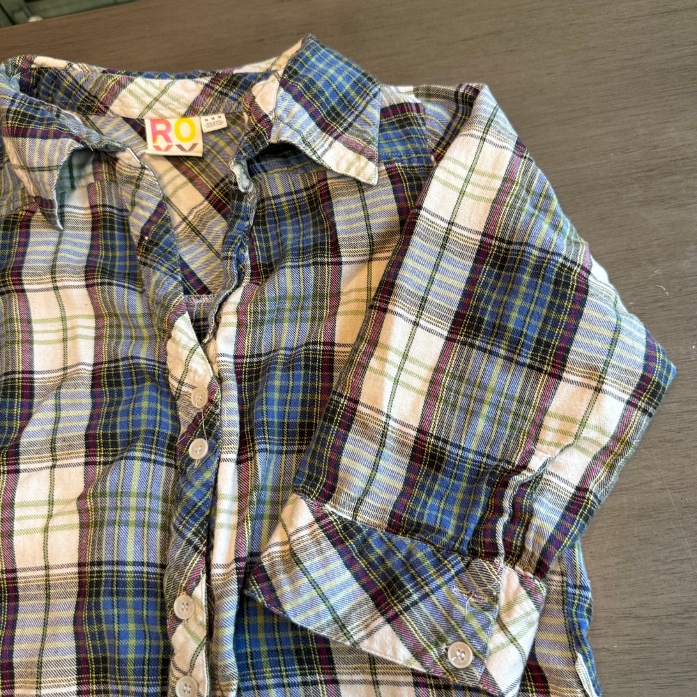 Roxy Plaid Shirt Dress Womens Medium Blue Green Excellent Cotton Button Front